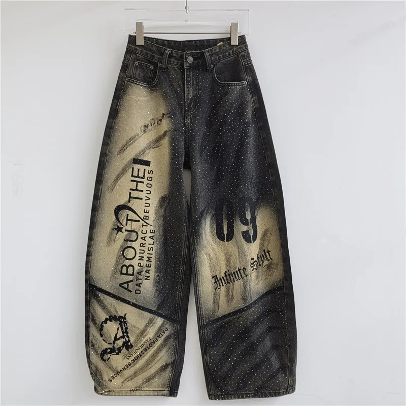 Vintage Graffiti Letters Printed Hot Diamonds Straight Jeans for Women All-match High Waist Mopping Floor Wide Leg Denim Pants