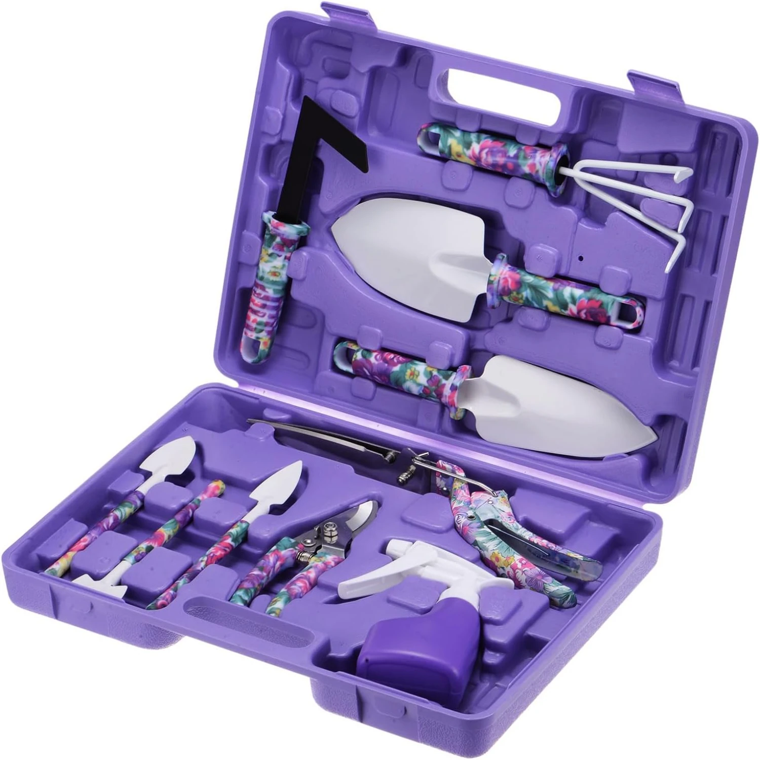 High-quality, long-lasting purple plastic 10-piece complete garden tool set - essential, versatile, and ergonomic tools for novi