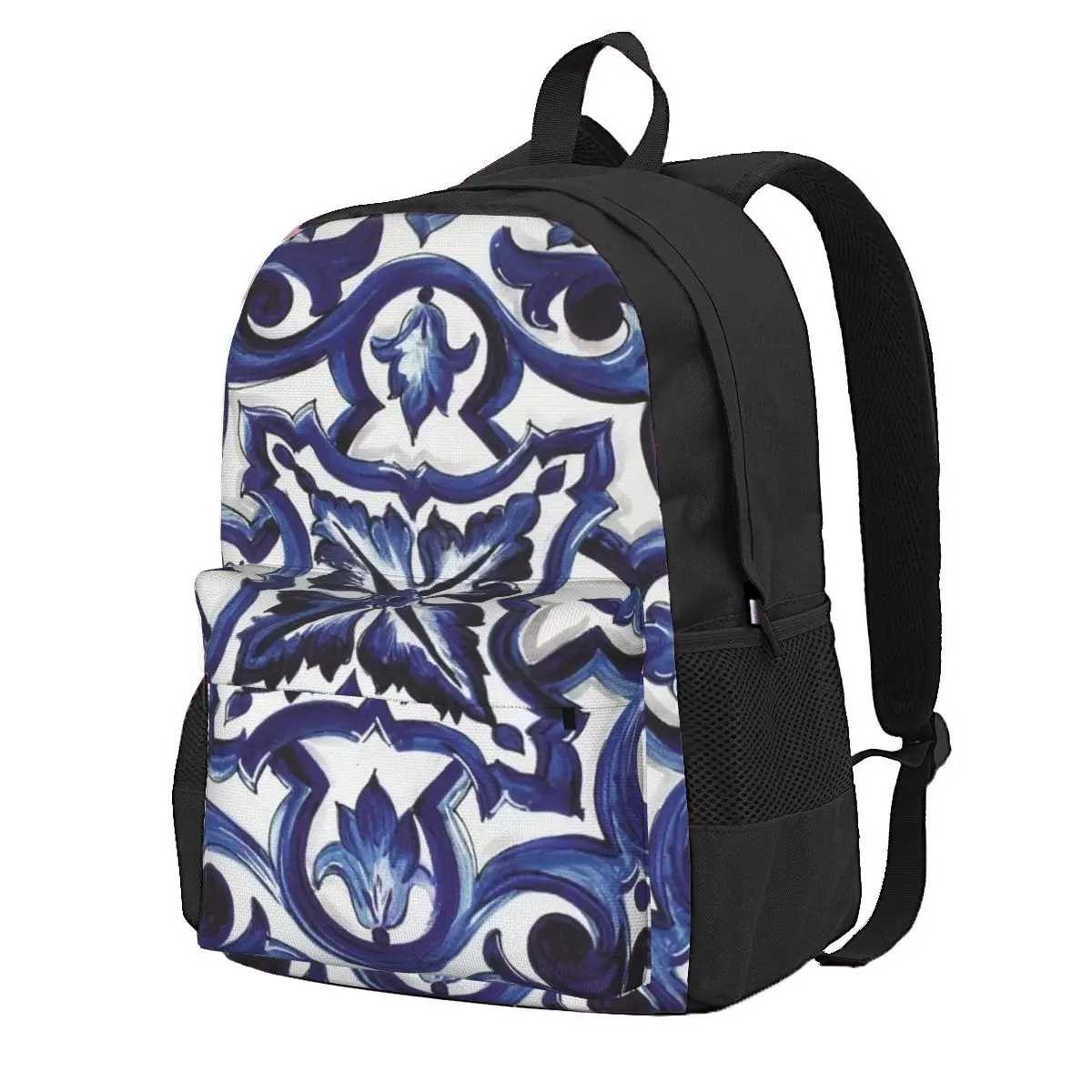 Blue Ornate Floral Mediterranean Sicilian Tile Student Backpack School Bag for Boys Girls Fashion Bookbag Shoulder Bags