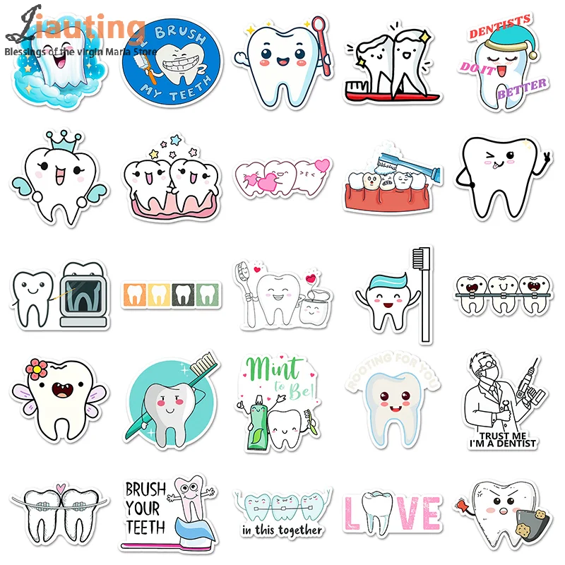 50 Sheets Protect Teeth Cartoon Stickers For Kids Students Graffiti Laptop Stationery Luggage Cute Sticker Dental Clinic Gifts