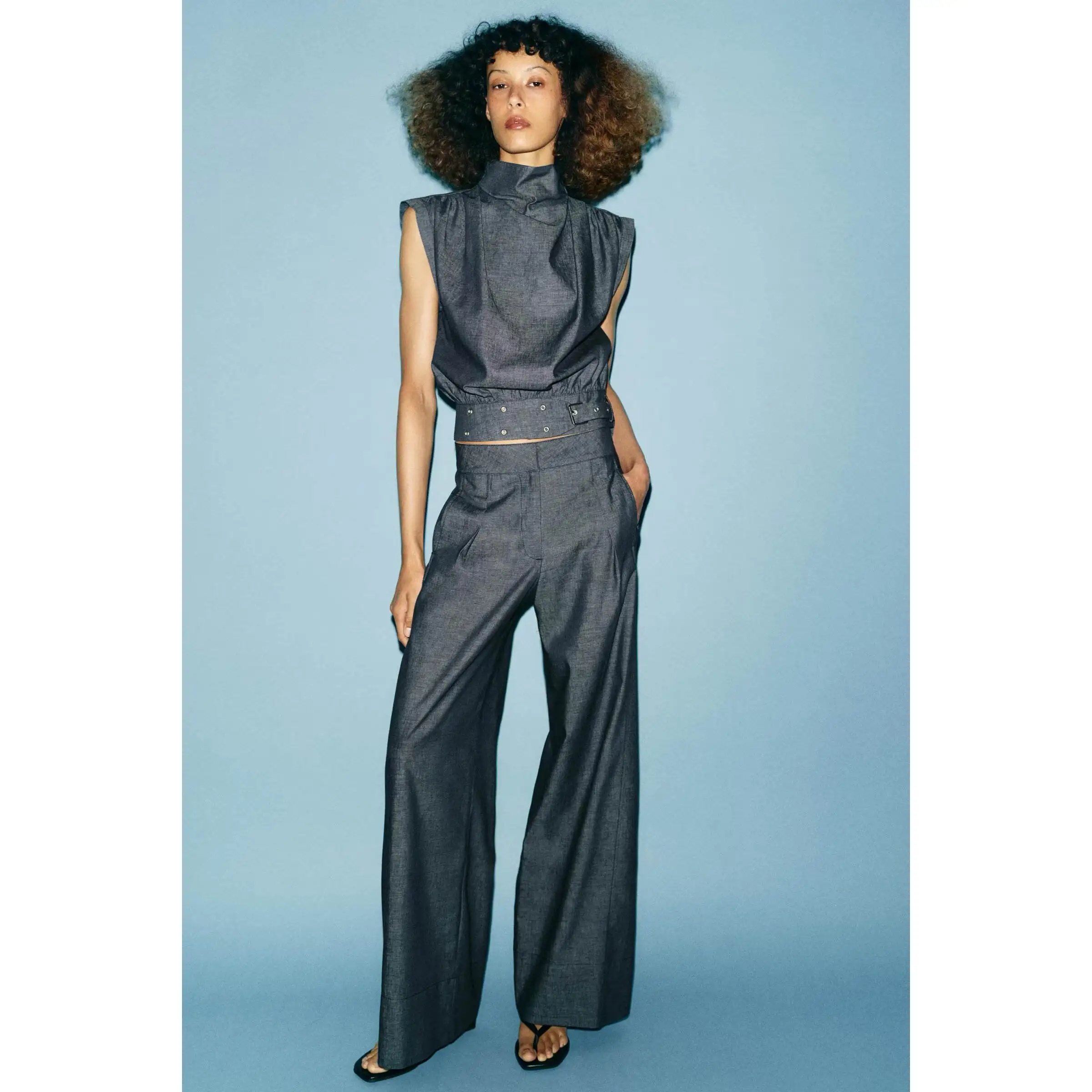 Fashionable Mixed-Media Rivet-Buckle Top And Bottoms Set High-Waisted Long Pants Versatile Autumn Spring Summer Wardrobe Esse...