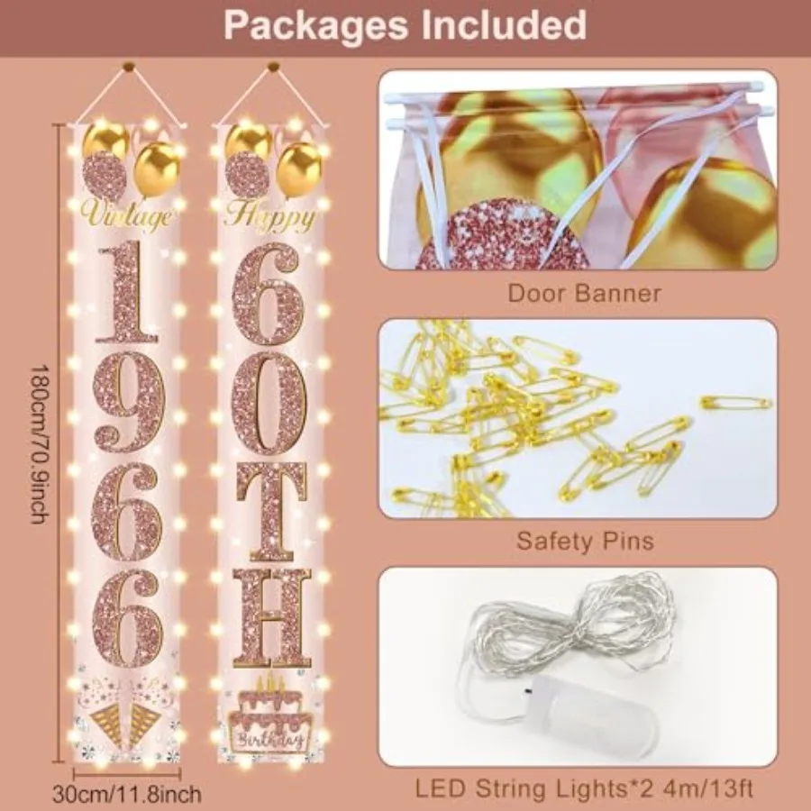 Birthday Party Banner Lighted Decorations for Women- Vintage 1966 Birthday Decorations Door Banners with LED Light, Cheers to 6