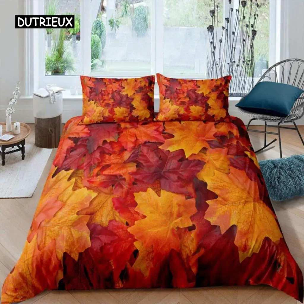 

Maple Leaves Duvet Cover Set Colorful Autumn Season Maple Leaves In Unusual Designs Nature Print King Size 2/3pcs Bedding Set