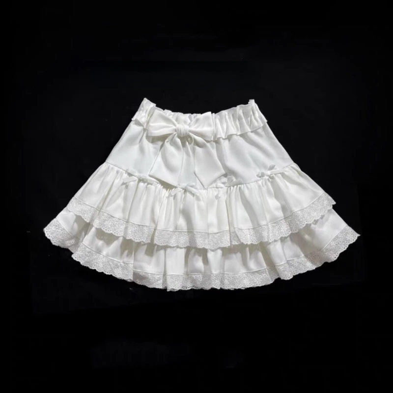 Summer Sweet Bow Lolita Cake Skirts Womens Kawai Lace Ruffles Pleated Skirt Girl Japan Elegant High Waist A-Line Y2k Short Skirt