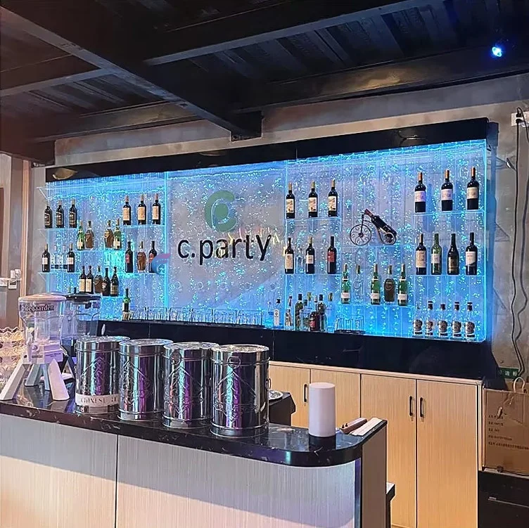 การปรับแต่งตู้แสดงผนังฟอง LED โมเดิร์นพร้อมชั้นวางไวน์ประตูกระจกสำหรับตกแต่งบาร์บ้าน