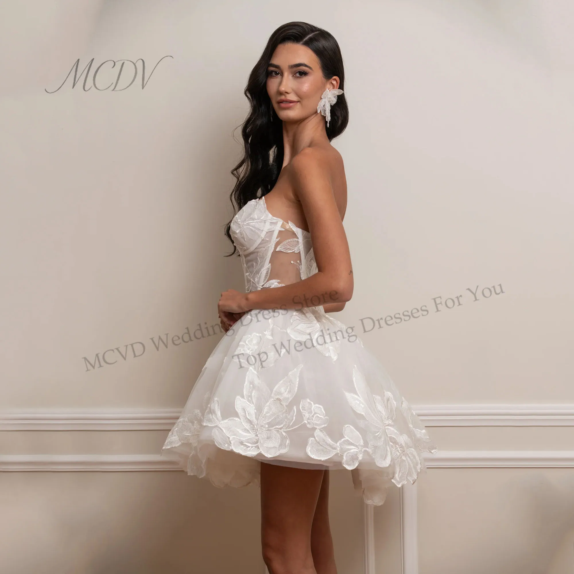Short Bridal Dresses Sweetheart Applique A-Line 3D Flowers Mini Wedding Dresses For Elopement Above Knee Vestido De Noival