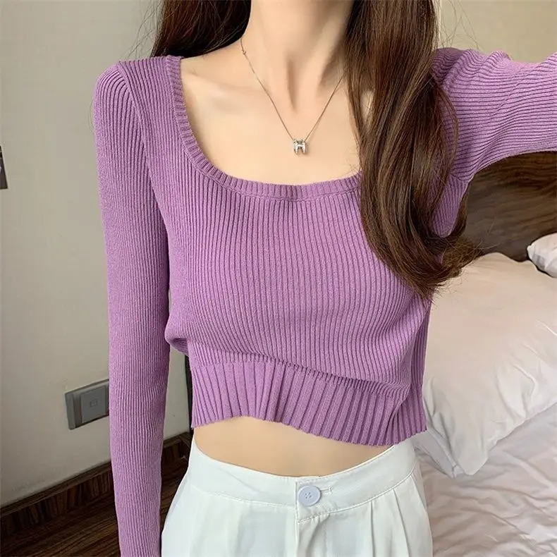 Autumn Winter Square Collar Solid Color Sweater Ladies Casual Fashion All-match Bottoming Jumpers Top Women Knitting Pullovers