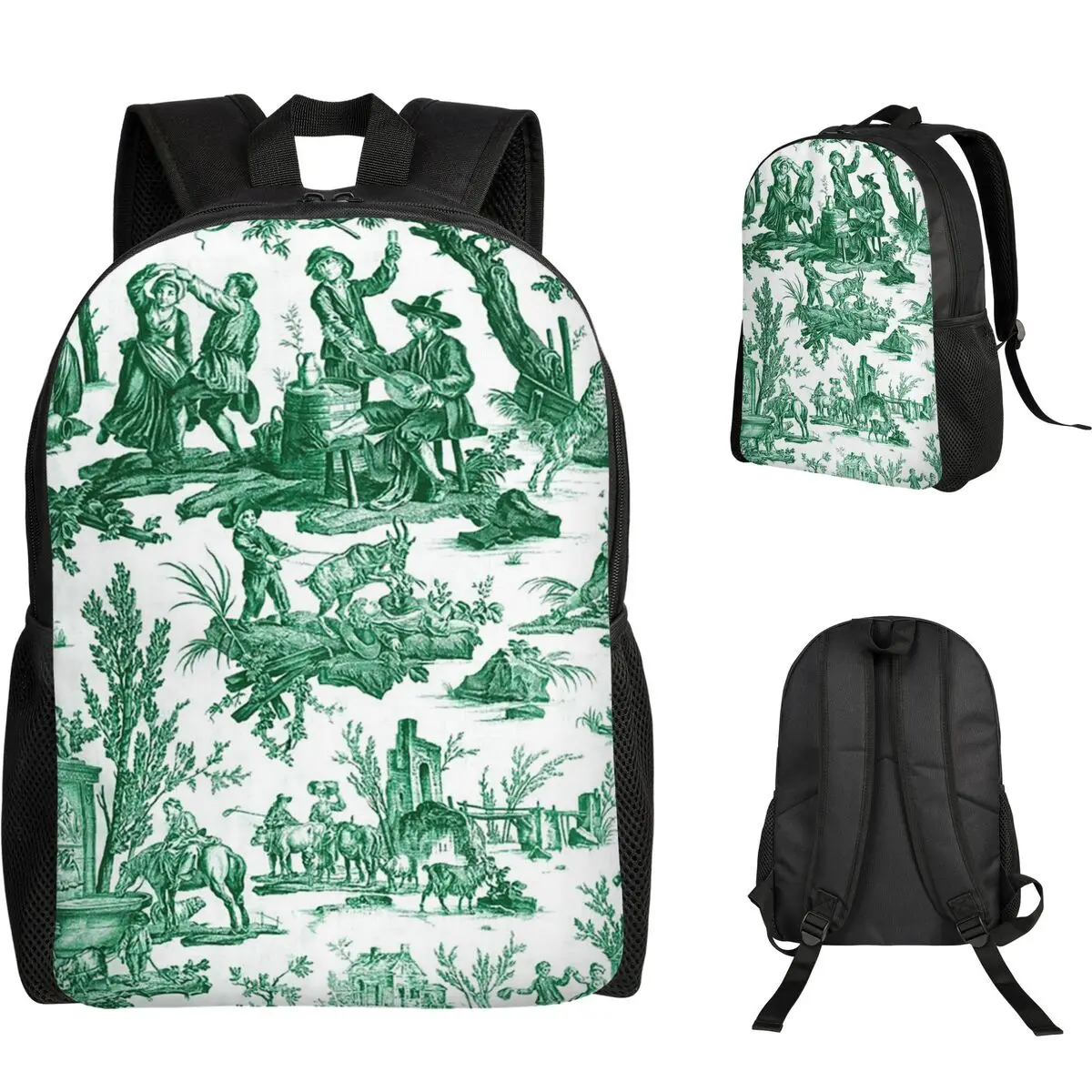 Vintage French Toile De Jouy Motif Student Backpack School Bag Hiking Travel Daypack Boys Girls Fashion Bookbag Shoulder Bags
