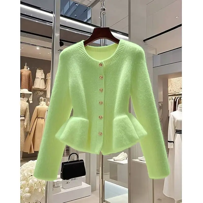 White Sueter Mujer Women Clothes Knitted Cropped Cardigan Tops Slim Waist Temperament Ruffles Sweater Jackets Vintage Pull Femme