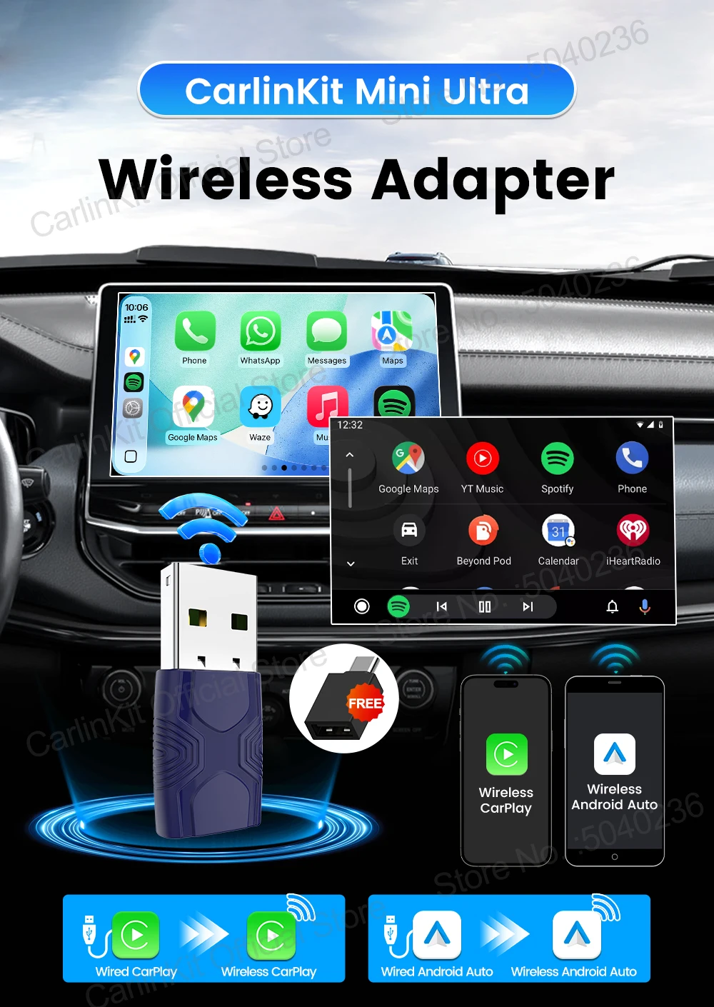 Mini Ultra 2 CarlinKit 5.0 Kabelloser CarPlay Android Auto Adapter Plug & Play WLAN Bluetooth Automatische Verbindung für OEM-Fahrzeuge – Detail 1