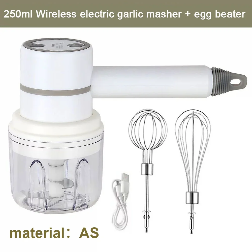 USB 2 in 1 Wireless Electric Garlic Chopper Masher Whisk Egg Beater 3-Speed Control With 2 Mixing Rods Kitchen Handheld Mixer