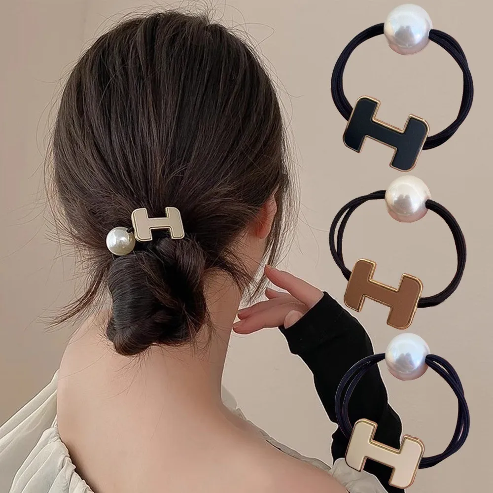 

Fashion Letter H Pendant Hair Ropes High Elastic Rubber Band With Pearl For Women Girl Ponytail Holder Elegant Headwear