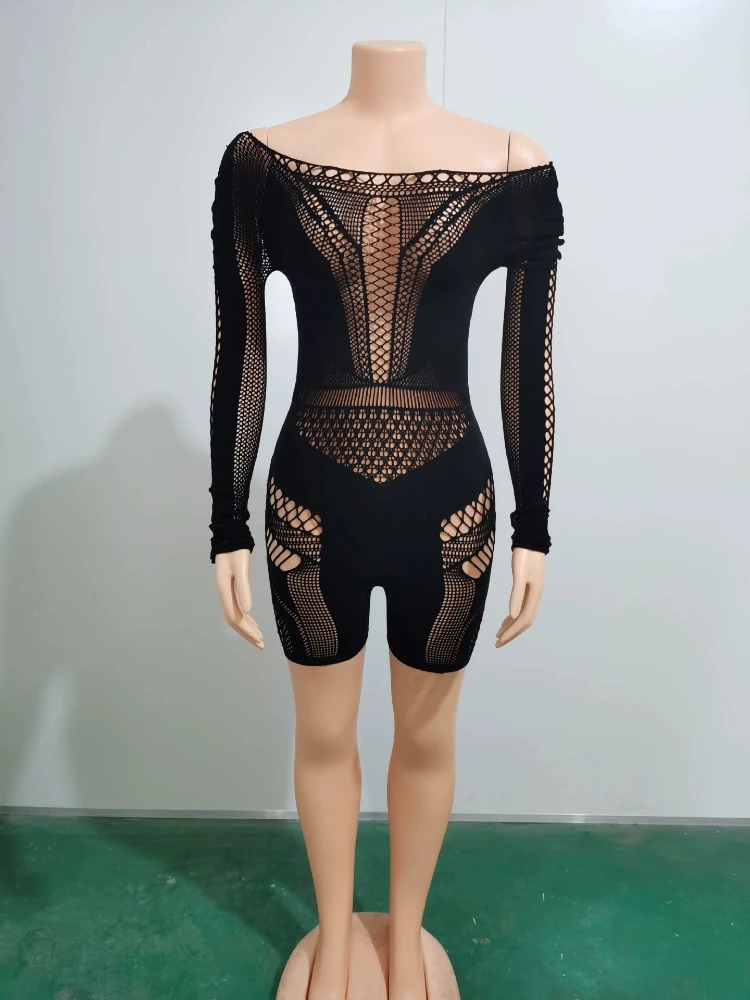 Sexy Mesh tembus pandang tengah malam playsuit wanita lengan panjang Hollow Out Patchwork Skinny Clubwear Rompers Womens Jumpsuit Bodysuit