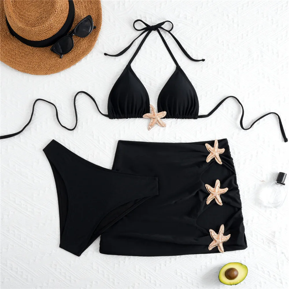 

Metal Starfish Swimwear Skirts Cover Ups Black String Halter 3 Piece Bikini Set Sexy Swimsuit Women 2026 Beach Wewar Bikinis