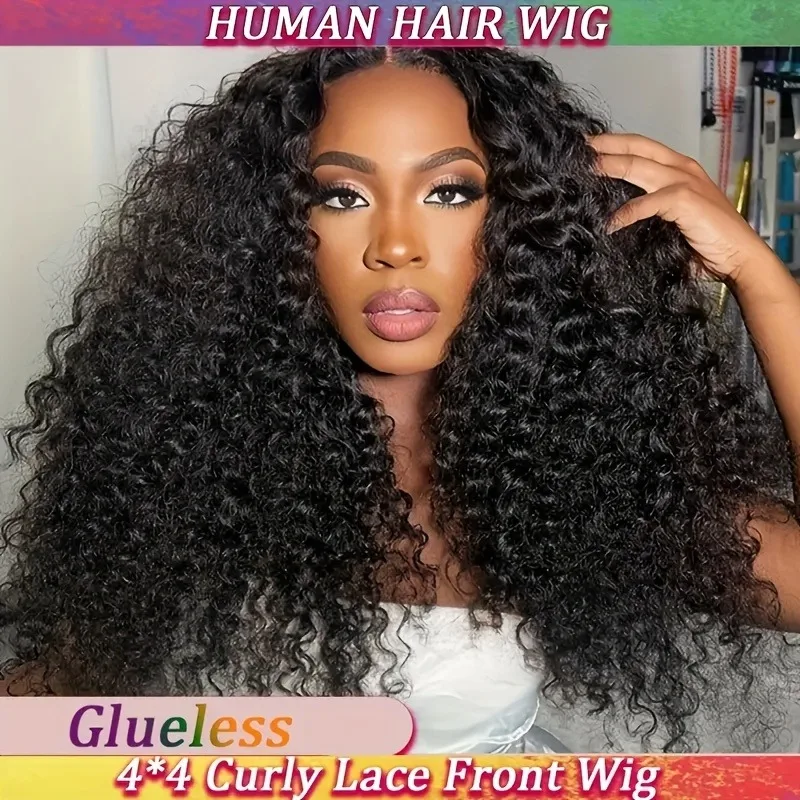 شعر مستعار بدانتيل أمامي بكثافة 200% بدون صمغ 4*4 - شعر بشري برازيلي مموج مائي، تم قطعه مسبقًا بشعر أطفال، تصميم خالٍ من العقدة