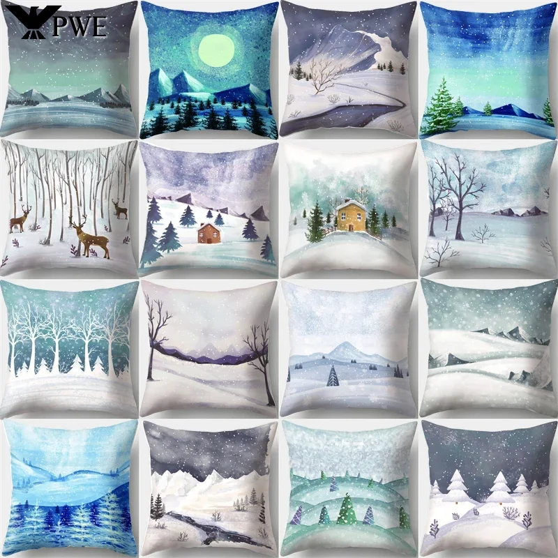 45x45cm Merry Christmas Pillow Case Deer Snow Landscape Cushion Cover Winter Snowflake Living Room Decoration Sofa Pillow Case