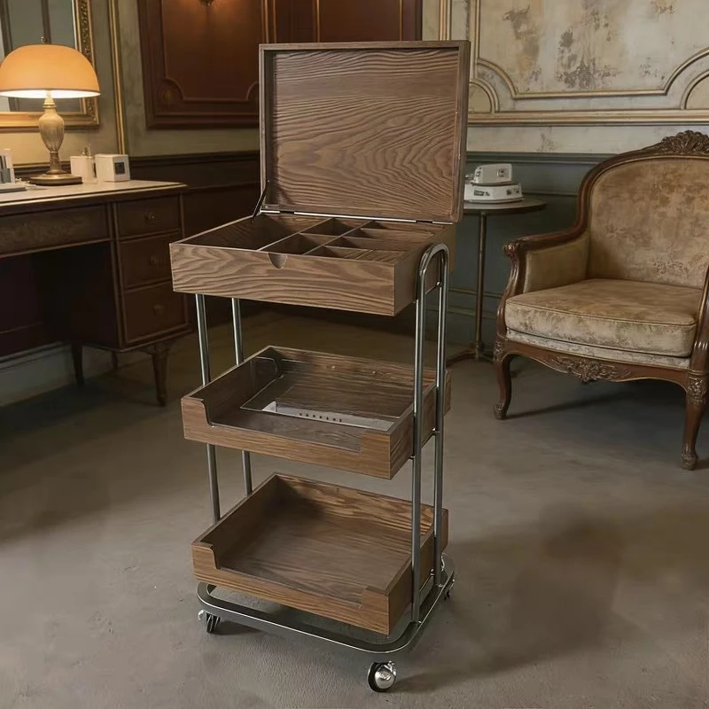 Beauty salon high-end special solid wood trolley, manual flip trolley, original light luxury rack storage tool cart