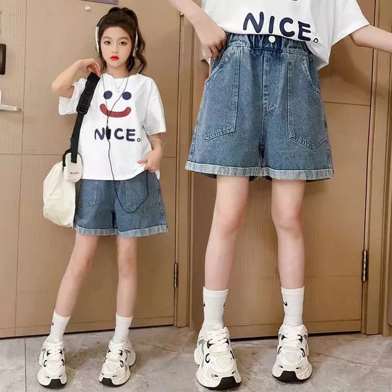 4-14 Years Summer Teenage Girls Shorts Large Pocket Design Denim Pants For Kids Children Cool Outdoor Short Trousers