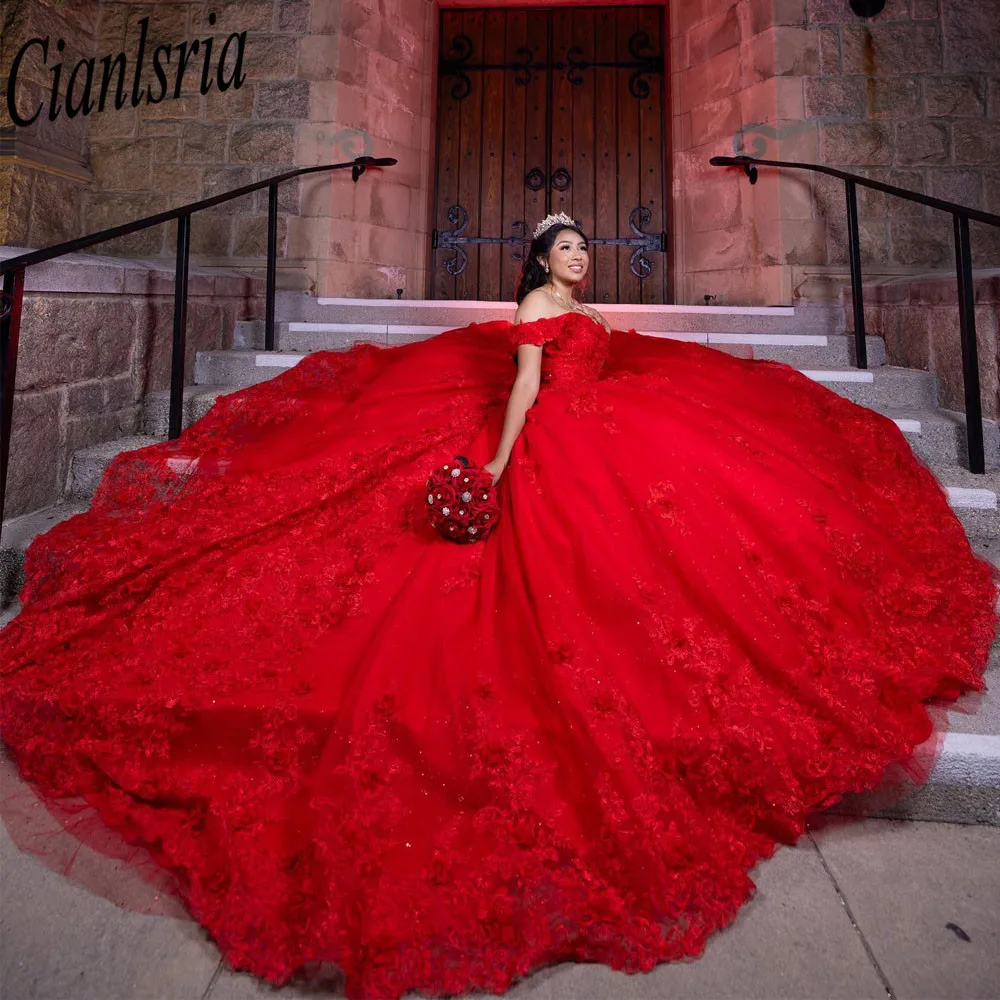 Luxury Red Ball Gown Sweet 16 Quinceanera Dresses 2023 Off Shoulder Beads 3D Flowers Appliques Pearls Vestidos De 15 Anos