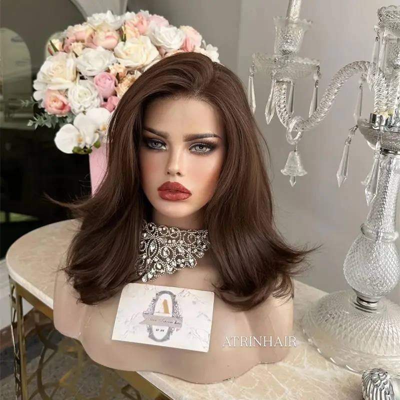 Woman Wigs Short Wave Bob Chocolate Brown Lace Front Wigs Synthetic Premium Fibre Wig Free Part Wig High Quality Glueless Wig