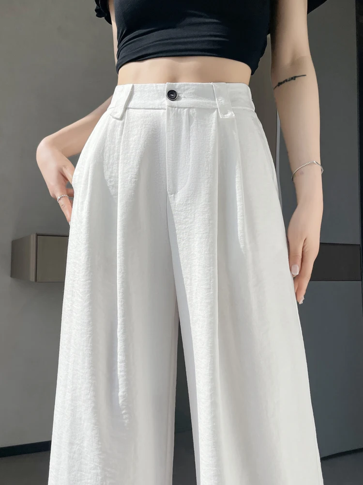 

White Ice Silk Wide Leg Pants Women's Summer Thin Elastic Waist Loose Straight Cut Floor Length Linen Suit Trousers