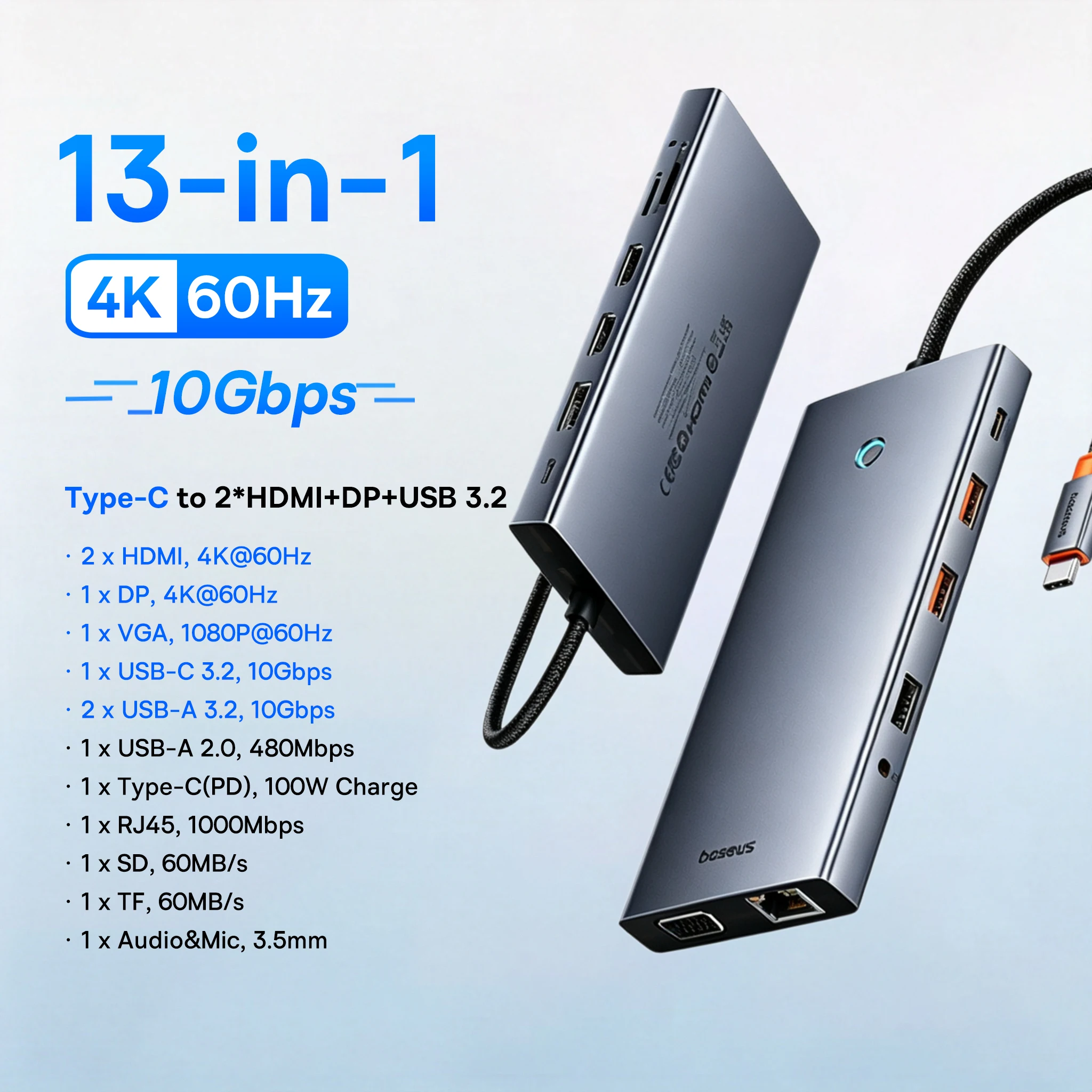 Baseus 13-in-1 USB-C hub naar 2x HDMI, 1x DP 4K@60Hz, 1x VGA, quad-display, USB 3.2 adapter met RJ45, SD, TF, 3.5mm, PD 100W Type-C hub