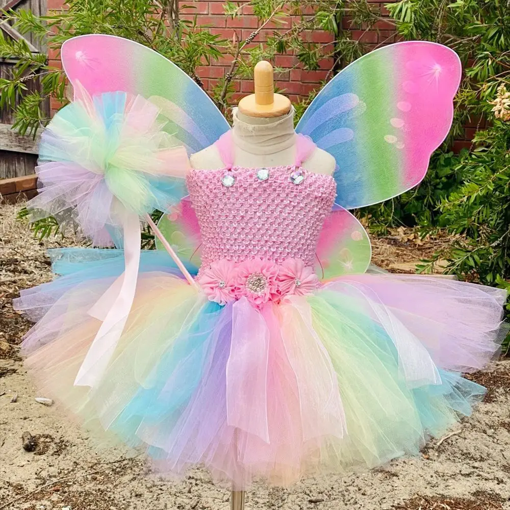 Girls Pastel Butterfly Fairy Dress Kids Flower Tutu Dresses with Wing and Stick Hairbow Outfit Children Birthday Party Costumes