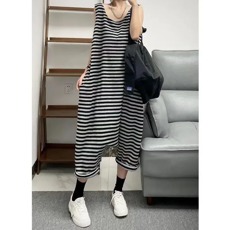 Striped Jumpsuits for Women Summer Sleeveless Oversized One Piece Outfits Women Loose Korean Style Casual High Waist Cross-Pants