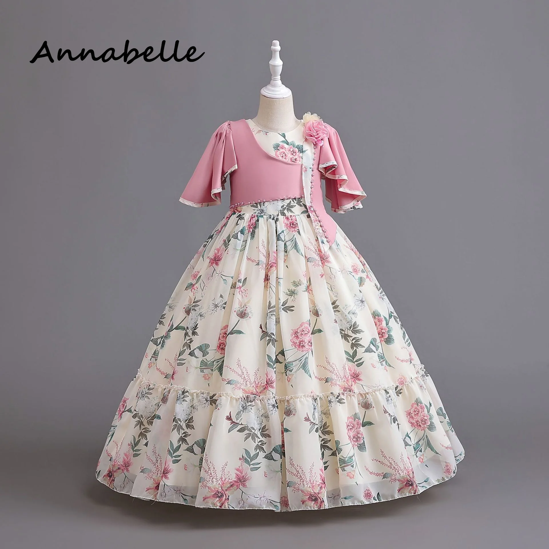 Annabelle-Robe fleurie à nœud pour bébé fille, tenue élégante pour fête de mariage, vêtements gonflés à manches courtes pour enfants