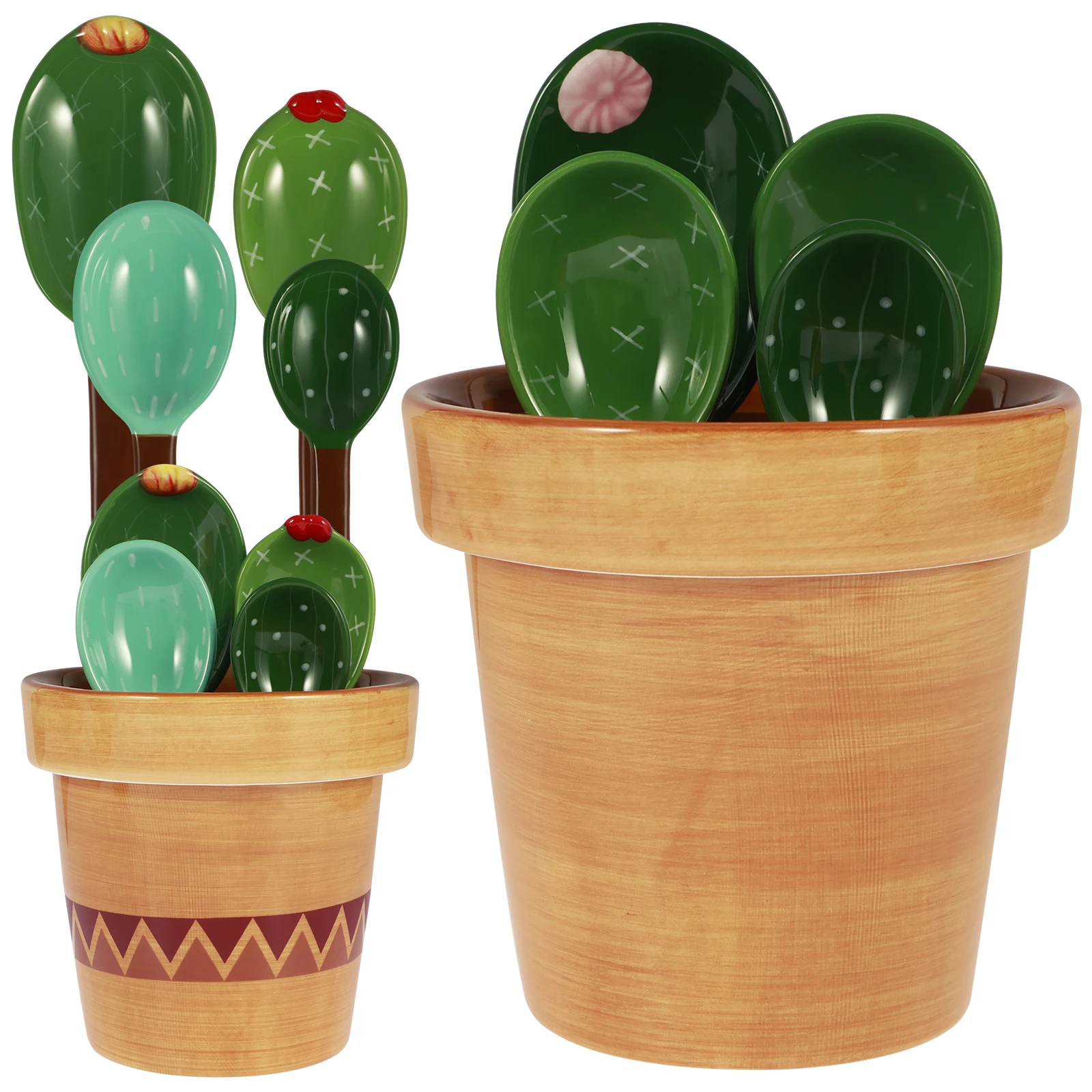 4Pcs Porcelain Measuring Spoons Set with Base Cute Cactus Shape Stirring Soup Spoon Reusable Ceramic Flower Pot Measuring Spoon