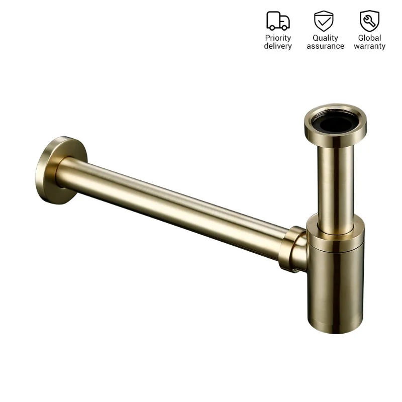 High Quality Brass European Style Brushed Golden Basin Water Pipe Washing Pipe Drainage Bathroom Sink Water Modern Style Siphon