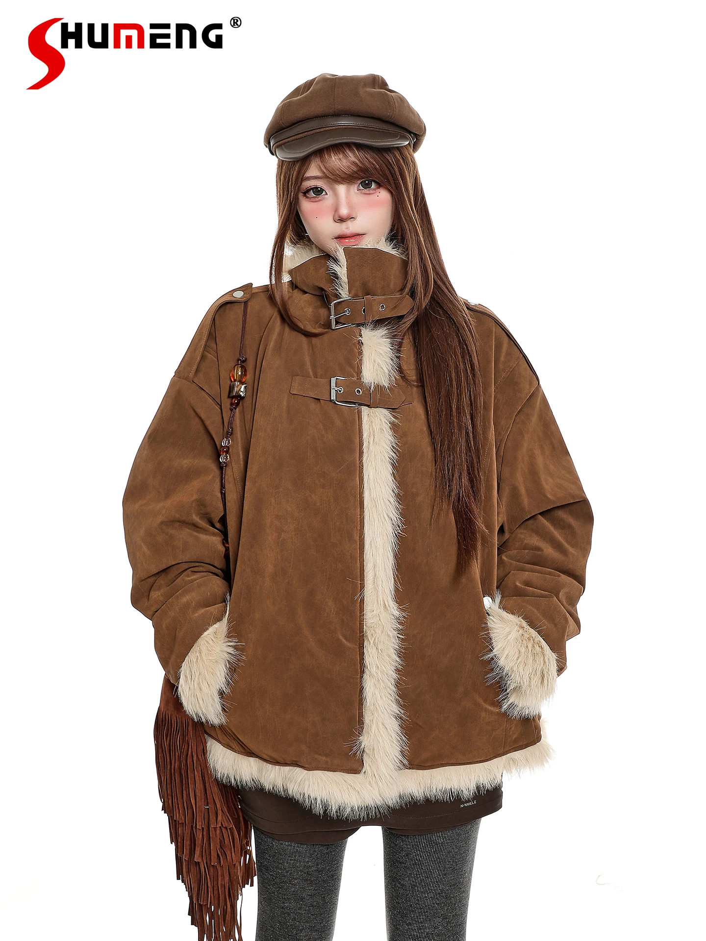 

Уличные милые крутые толстые хлопковые пальто в консервативном стиле для девочек, однобортные универсальные повседневные теплые куртки с меховым воротником для женщин, зимние