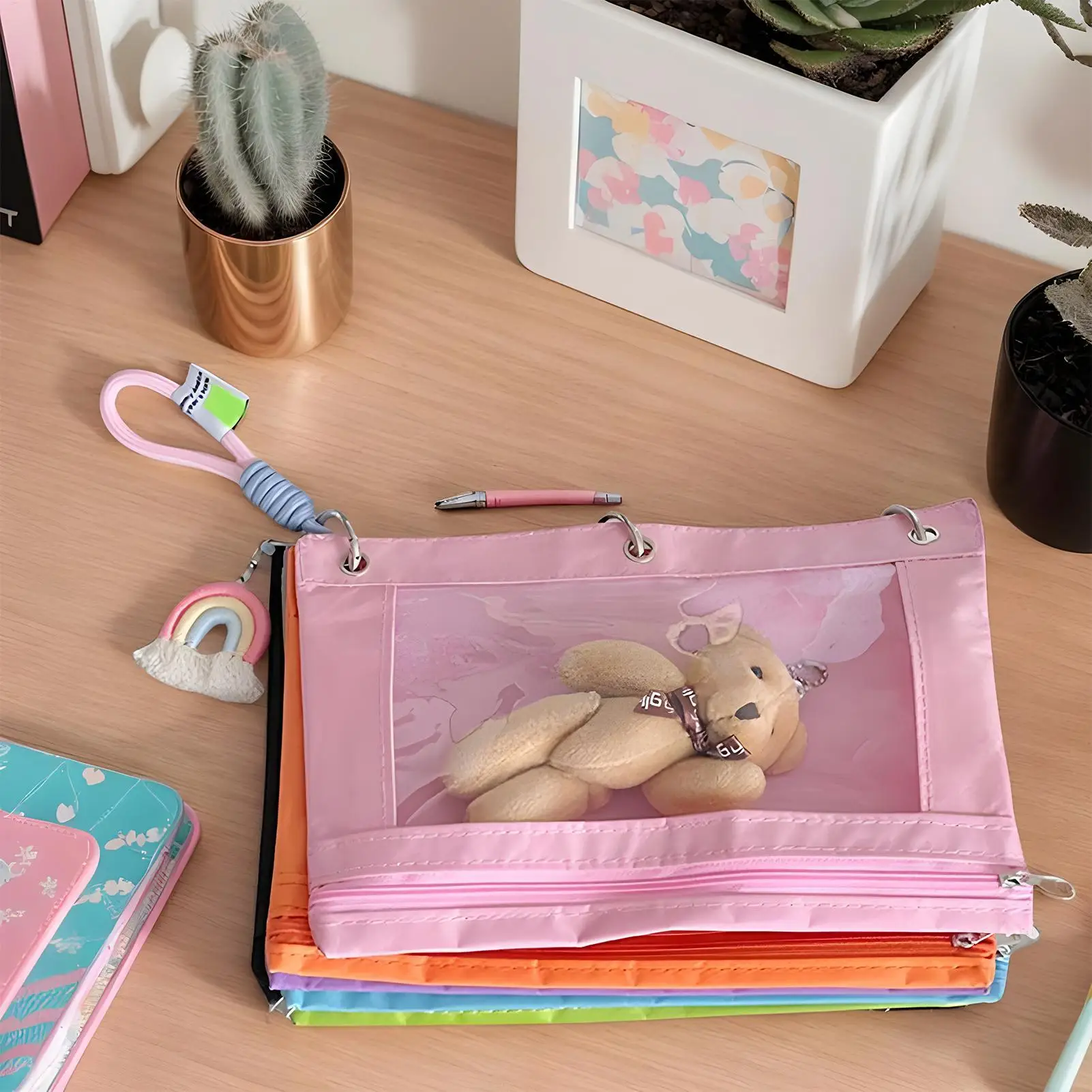おもちゃ収納袋ジッパー付きかわいいパズル収納袋美的再利用可能な防水ポーチレインボーペンダント付き学生用
