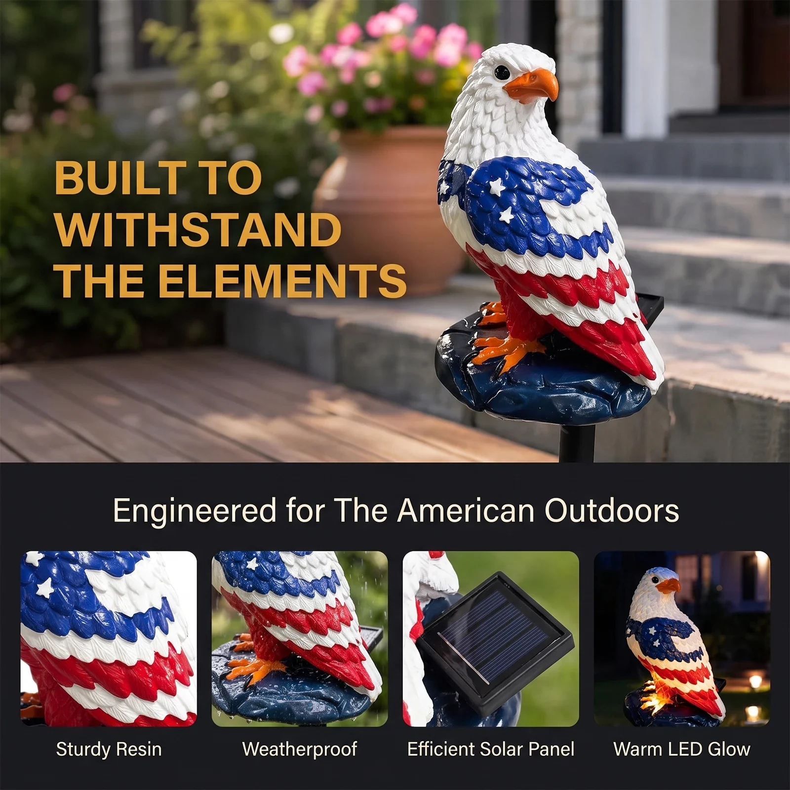 Eagle Figurine Garden Solar Stake Light Waterproof Decorative American Eagle Bald Solar Garden Lights for Yard Patio Lawn Party