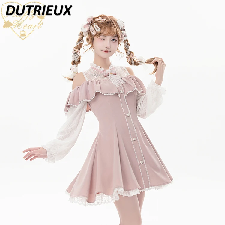 

Spring and Summer New off-the-Shoulder Lace Single-Breasted Dress Japanese Sweet Girl Solid Color Long Sleeve Waist Dresses