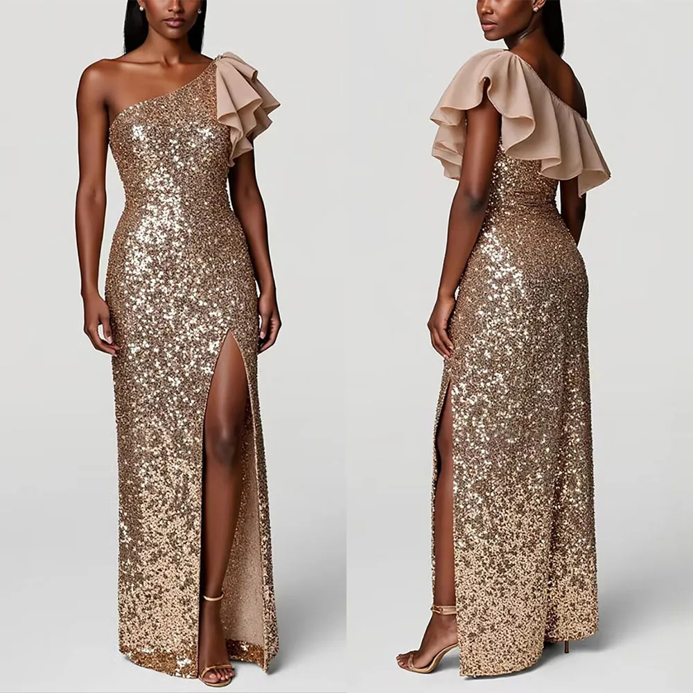 

High Quality Customized One Shoulder Floor Length High Fork Sleevelesss Woman Платье Корейский Стиль Party Dresses فساتين حفلات