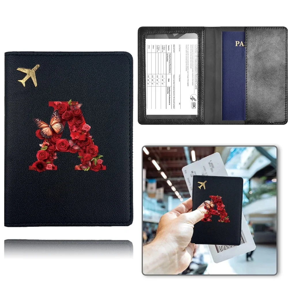 Pu Passport Cover Travel Passport Case Business Passport Clip Pocket Portable Bank Card Organizer Cover Red Rose Letter Pattern