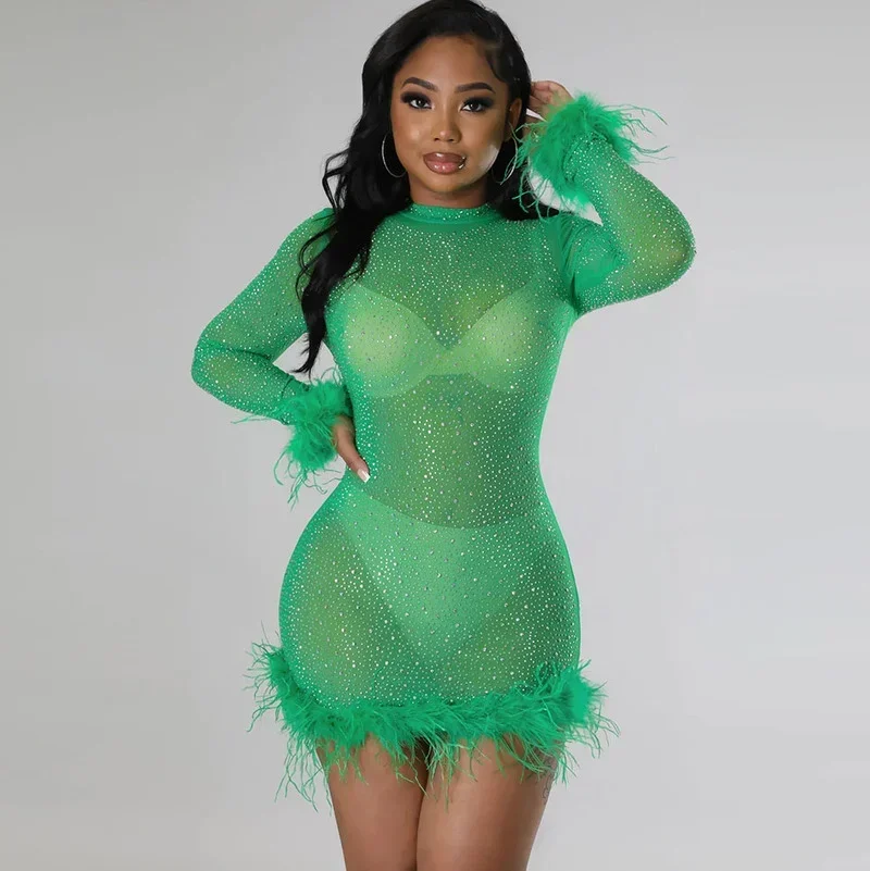 GUWU انظر من خلال شبكة طويلة الأكمام الريش Bodycon فستان مثير الماس كوكتيل كريستال المرأة مساء فستان الحفلات الليلية