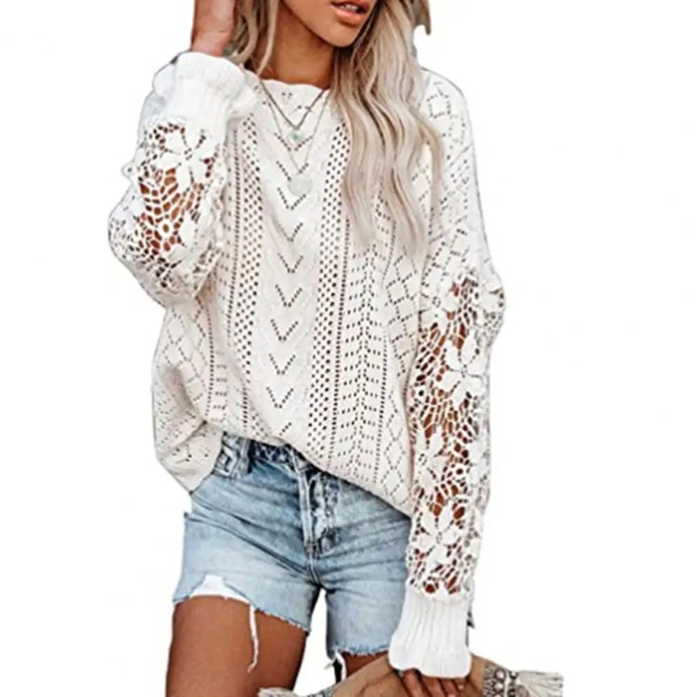 

Autumn Sweater Loose Type Anti-pilling Warm Cozy Easy to Match Knitted See-through Flower Applique Hollow Out Winter Sweater