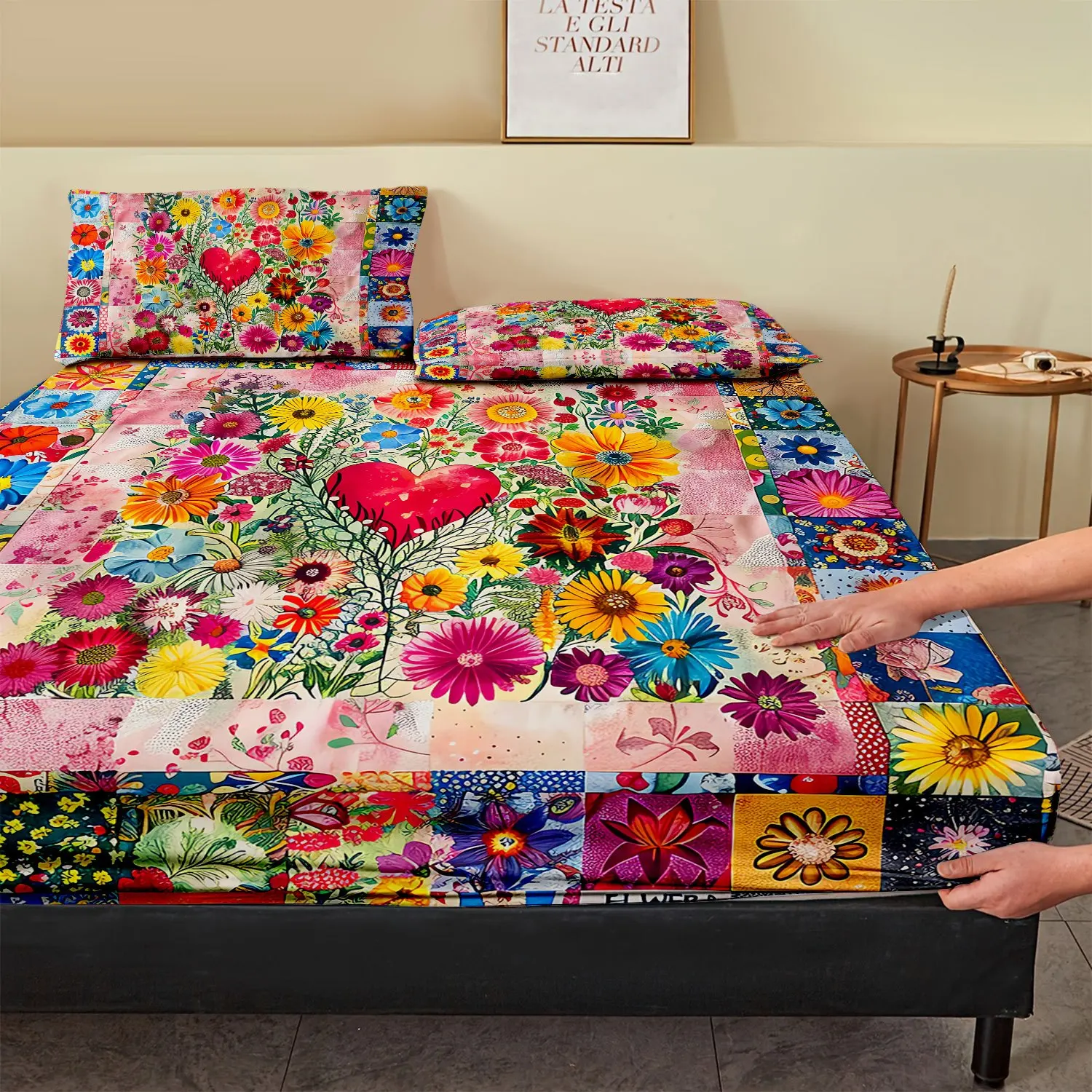 Vintage floral, colorful sunflower print fitted sheet mattress protector made of breathable polyester material (includes 1 fitted sheet + 2 pillowcases). Mattress protector, fitted elastic style. Protective cover, mattress protector, fitted bedding. Christmas-themed bedding. Baby bedding suitable for nursery rooms