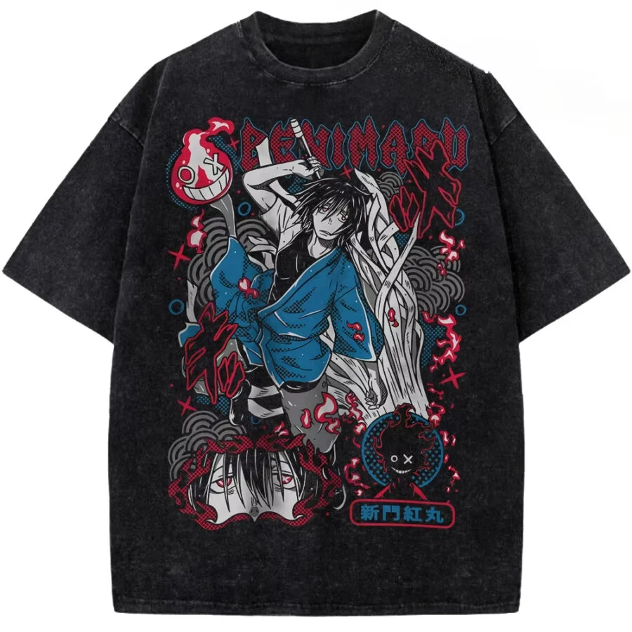 Anime Shinmon Benimaru Fire Force Graphic Print T-shirt Men Women Retro Washed Cotton Loose Casual Oversized Top Summer New Tee