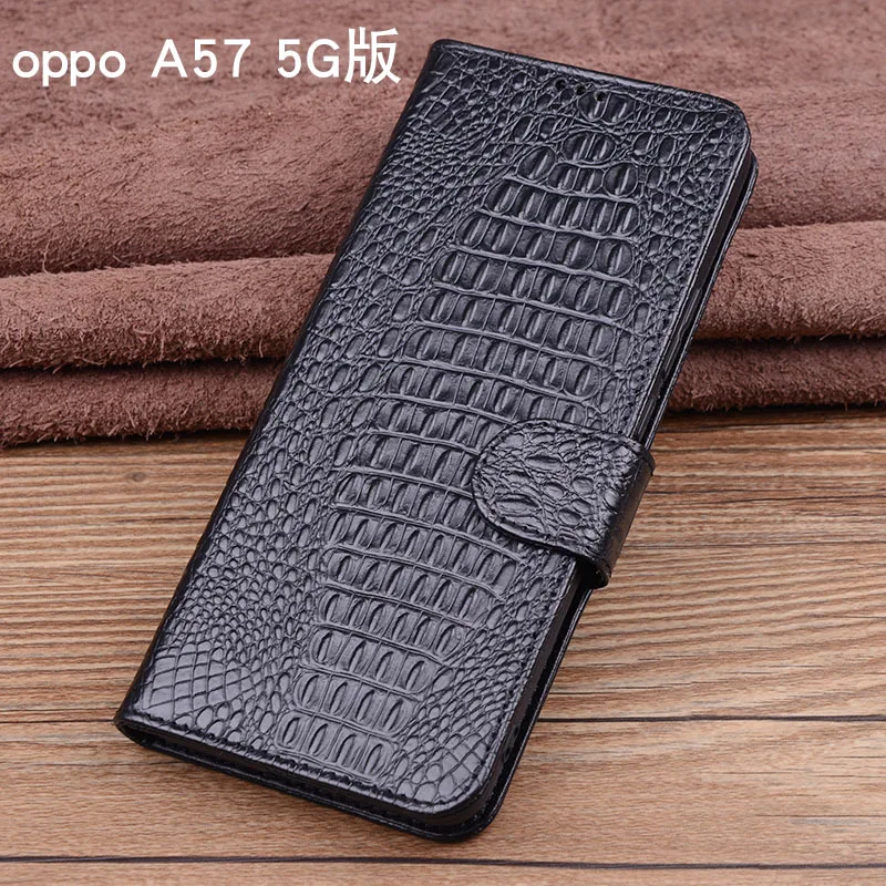 

Luxury Lich Genuine Leather Flip Phone Cases For Oppo A57 5g Real Cowhide Leather Shell Full Cover Pocket Bag Case