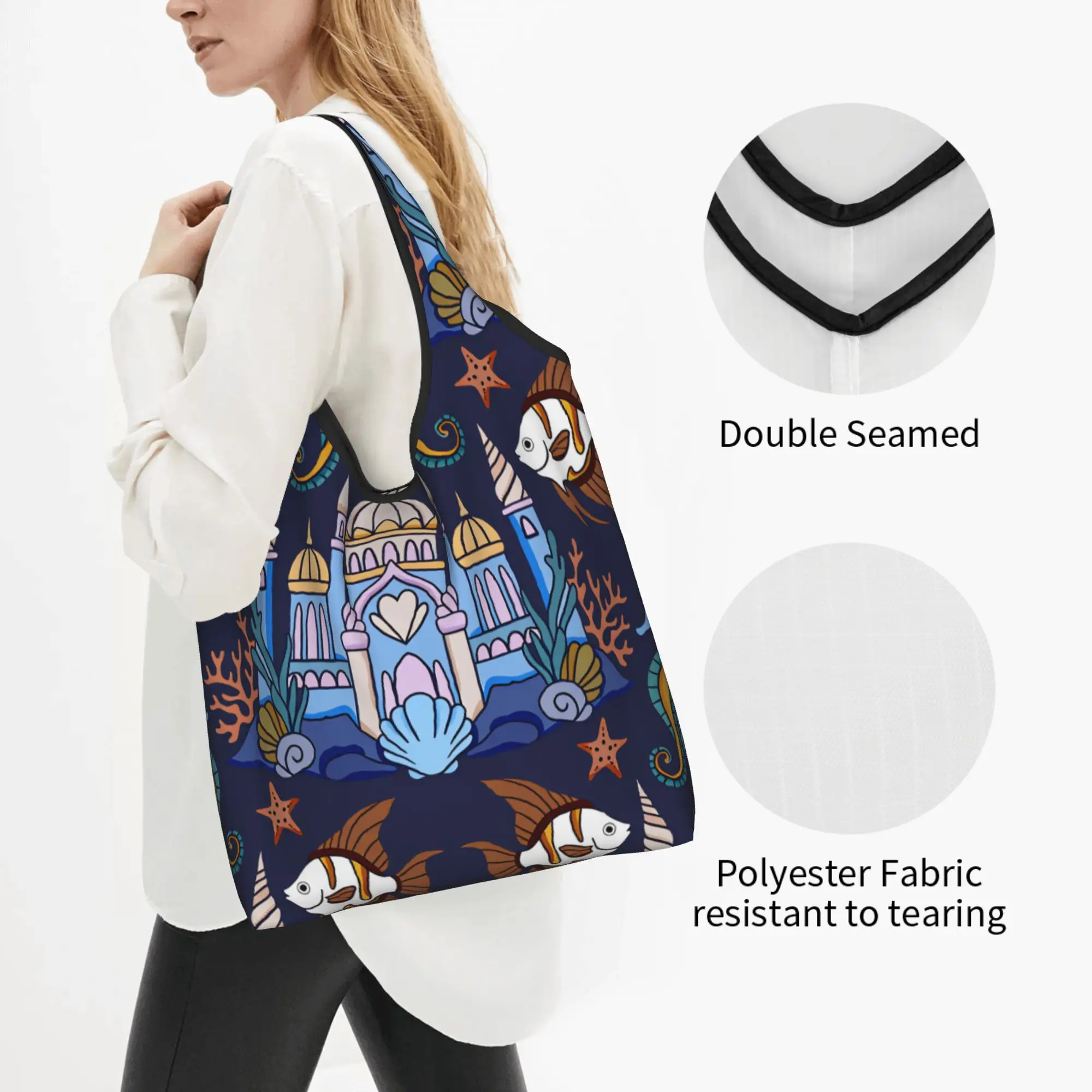 Recycling Coral Underwater Cast Starfish  Shopping Bag Tote Bag Portable Seahorses With Crowns Sea Shells Groceries Shopper Bags
