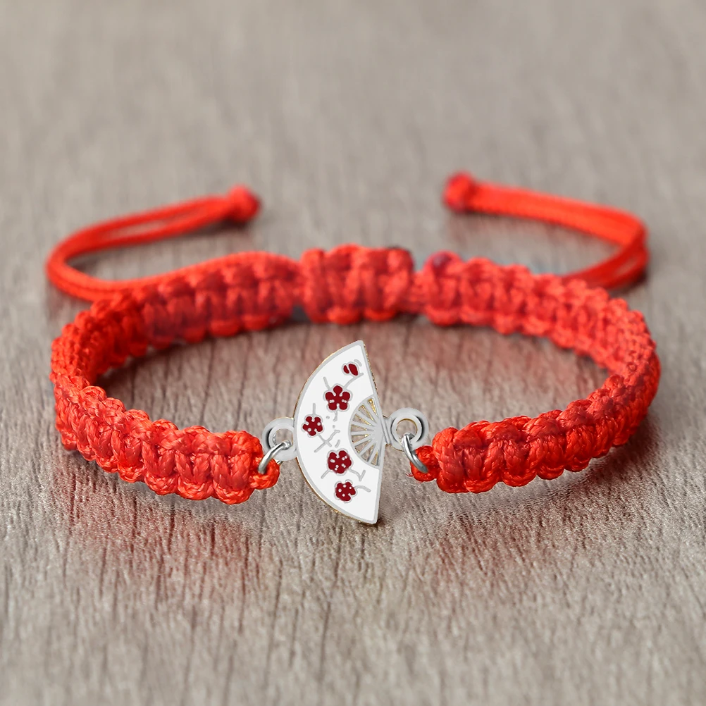 Adjustable Braided Red Wire Bracelets Chinese Style Plum Blossom Fan Pendant Wristband Nylon Thread Flat Knot Boho Jewelry Gifts