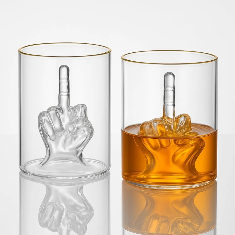 Middle Finger Whiskey Glass Novelty Glass Cup with 3D Finger Inside Funny Cup