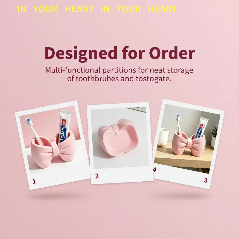 【X】Bow Toothbrush Holder Cute Functional Bathroom Organizer Food Safe Plastic Storage Cup for Desktop Dorm Rental Home
