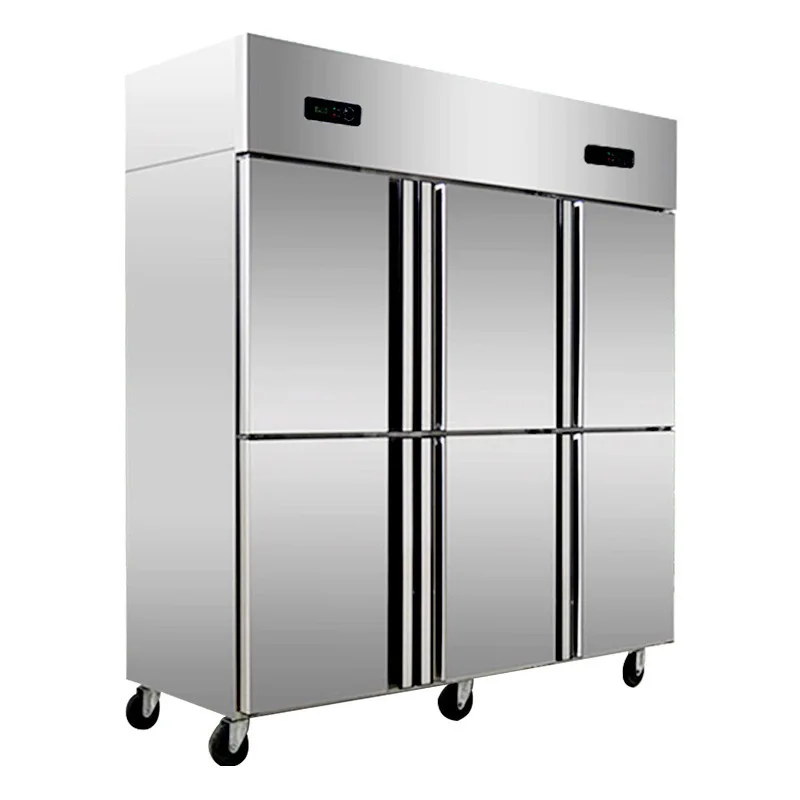 Geladeira de quatro portas e seis portas, freezer de cozinha comercial de aço inoxidável, vertical de grande capacidade