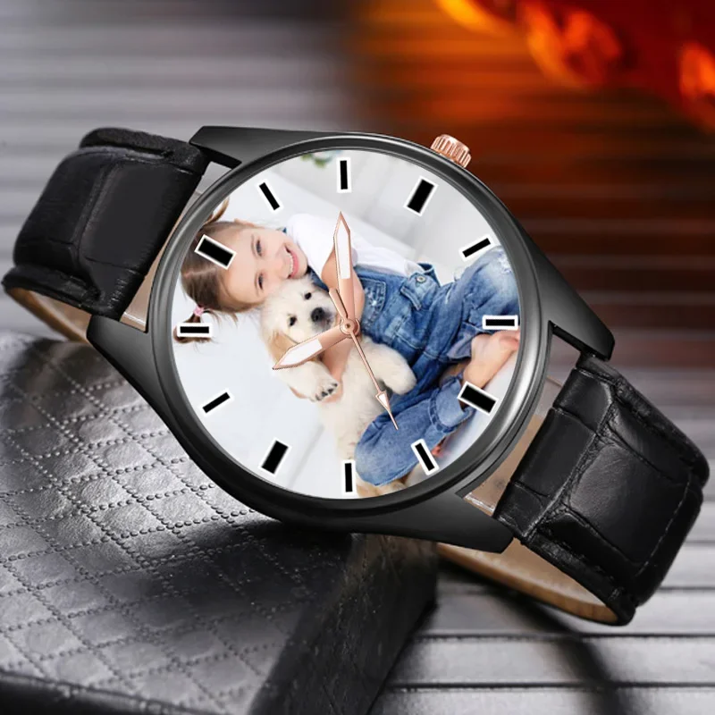 Reloj de pulsera con logotipo personalizado para hombre, cronógrafo de cuarzo y cuero, color negro, con imagen impresa, OEM, ODM, creativo, regalo