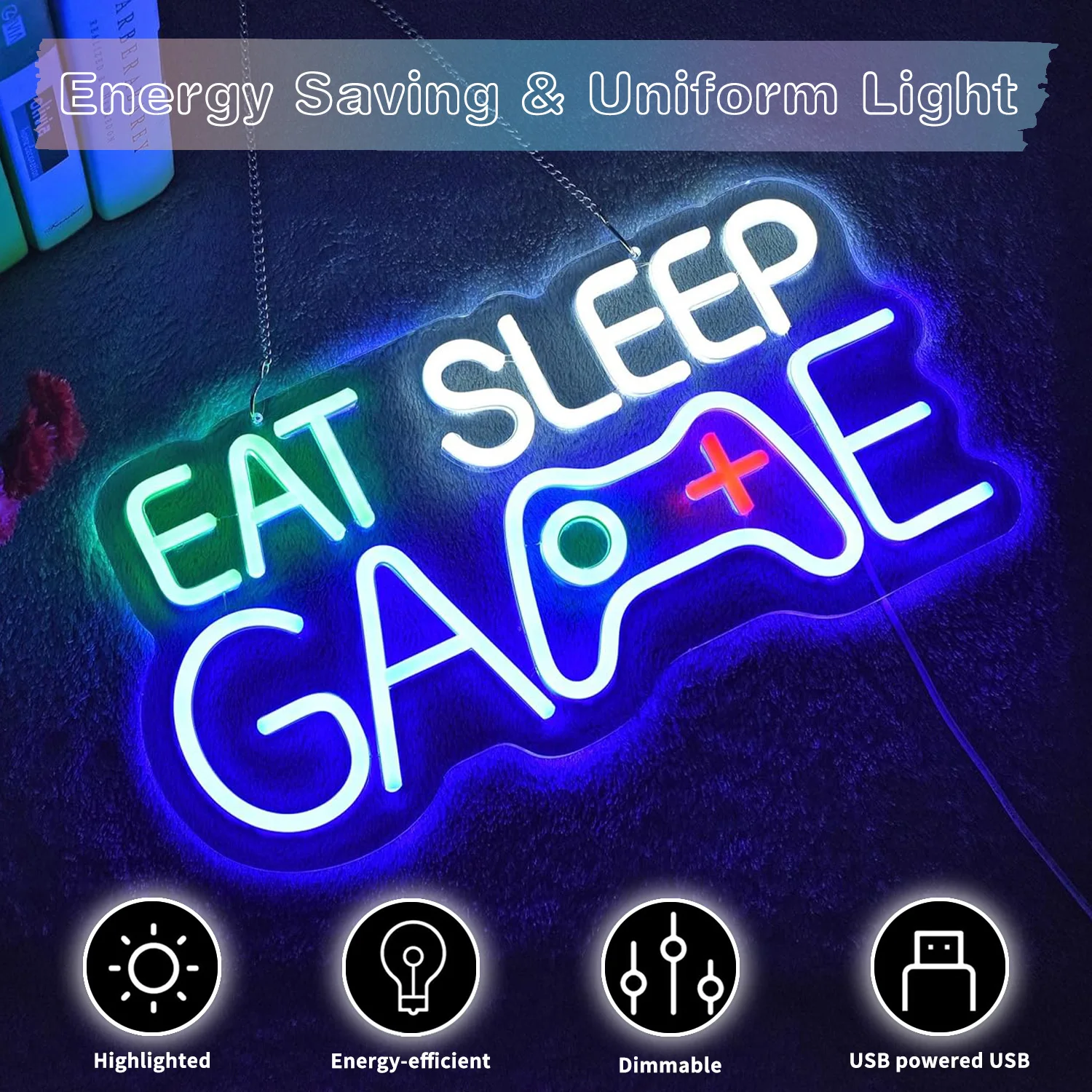 يتميز ضوء النيون في غرفة الألعاب بتصميم رائع وحيوي، مثالي لتزيين إعدادات الألعاب أو المناطق الترفيهية. فكرة