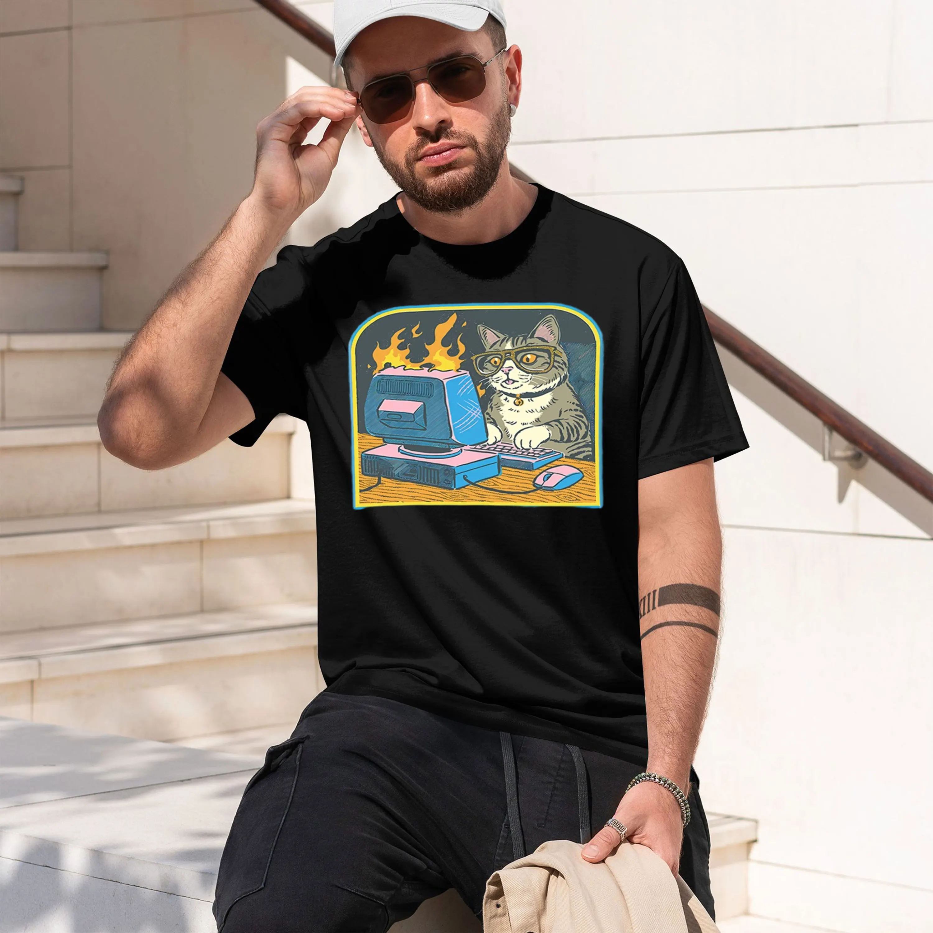 Funny Washed Playing Computer Print Snow Wash T Shirt Man Unisex Tees Casual Soft Breathable Clothes 2026 New Model Men’s Short-